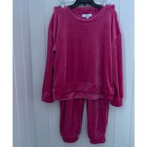 M Magaschoni top Jogger pant Set women L pink rhinestone heart velour Y2K comfy